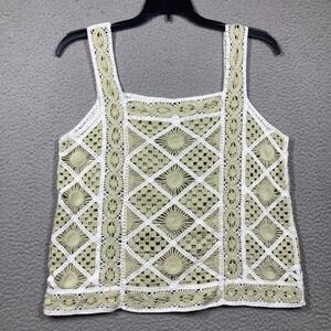 Crochet Tank Top Womens Med Green White Sunburst Boho y2K Festival Granny Square